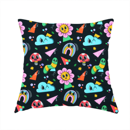 The fabric used to create this handmade cushion is a seamless black fabric pattern featuring a colourful psychedelic print of retro cartoon mushrooms, smiling flowers, happy worms, winking clouds, and rainbow arches.