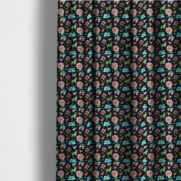 The fabric used to create these made-to-measure curtains is a seamless black fabric pattern featuring a colourful psychedelic print of retro cartoon mushrooms, smiling flowers, happy worms, winking clouds, and rainbow arches.