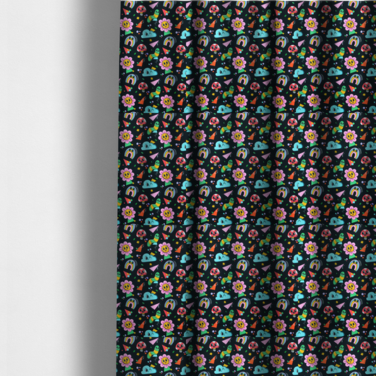 The fabric used to create these made-to-measure curtains is a seamless black fabric pattern featuring a colourful psychedelic print of retro cartoon mushrooms, smiling flowers, happy worms, winking clouds, and rainbow arches.