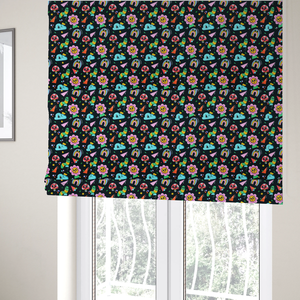The fabric used to create these Roman blinds is a seamless black fabric pattern featuring a colourful psychedelic print of retro cartoon mushrooms, smiling flowers, happy worms, winking clouds, and rainbow arches.