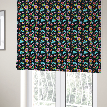 The fabric used to create these Roman blinds is a seamless black fabric pattern featuring a colourful psychedelic print of retro cartoon mushrooms, smiling flowers, happy worms, winking clouds, and rainbow arches.