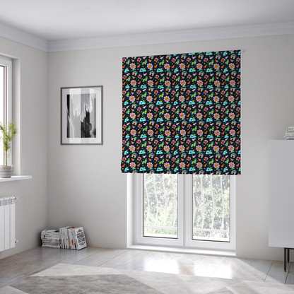 The fabric used to create these Roman blinds is a seamless black fabric pattern featuring a colourful psychedelic print of retro cartoon mushrooms, smiling flowers, happy worms, winking clouds, and rainbow arches.