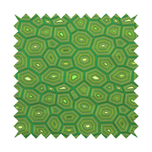Seamless green fabric pattern featuring a detailed geometric print resembling a natural tortoise or sea turtle shell with concentric lines.