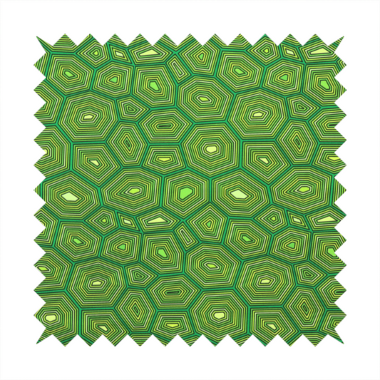 Seamless green fabric pattern featuring a detailed geometric print resembling a natural tortoise or sea turtle shell with concentric lines.