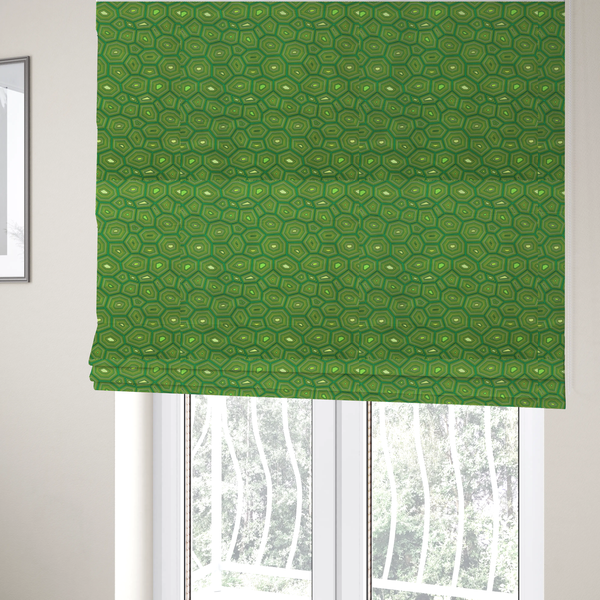 The fabric used to create these Roman blinds is a seamless green fabric pattern featuring a detailed geometric print resembling a natural tortoise or sea turtle shell with concentric lines.