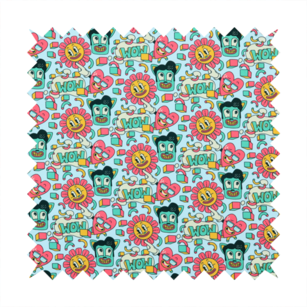 Seamless light blue fabric pattern featuring a busy retro cartoon collage with smiling flowers, heart characters, pompadour men, and "WOW" comic speech bubbles.