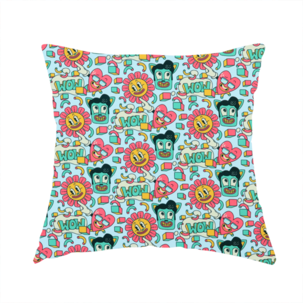 The fabric used to create this handmade cushion is a seamless light blue fabric pattern featuring a busy retro cartoon collage with smiling flowers, heart characters, pompadour men, and "WOW" comic speech bubbles.