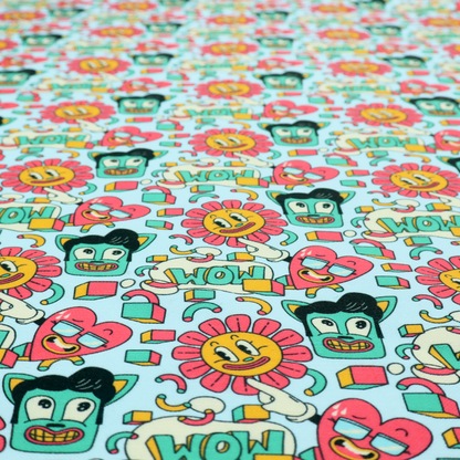 Seamless light blue fabric pattern featuring a busy retro cartoon collage with smiling flowers, heart characters, pompadour men, and "WOW" comic speech bubbles.