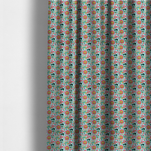 The fabric used to create these made-to-measure curtains is a seamless light blue fabric pattern featuring a busy retro cartoon collage with smiling flowers, heart characters, pompadour men, and "WOW" comic speech bubbles.