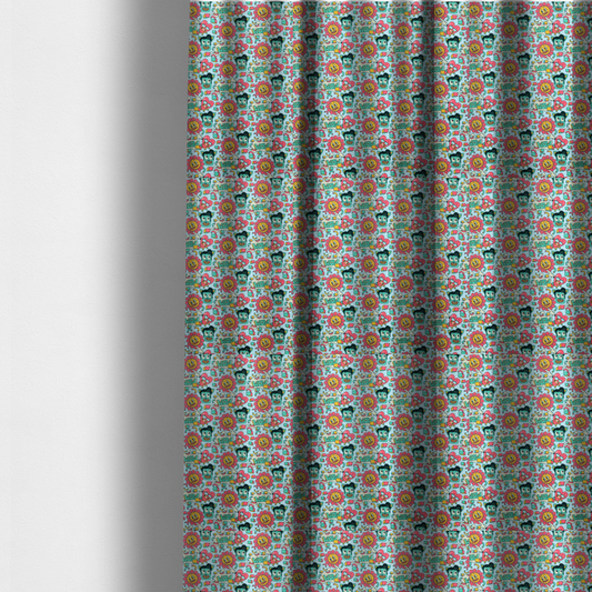 The fabric used to create these made-to-measure curtains is a seamless light blue fabric pattern featuring a busy retro cartoon collage with smiling flowers, heart characters, pompadour men, and "WOW" comic speech bubbles.