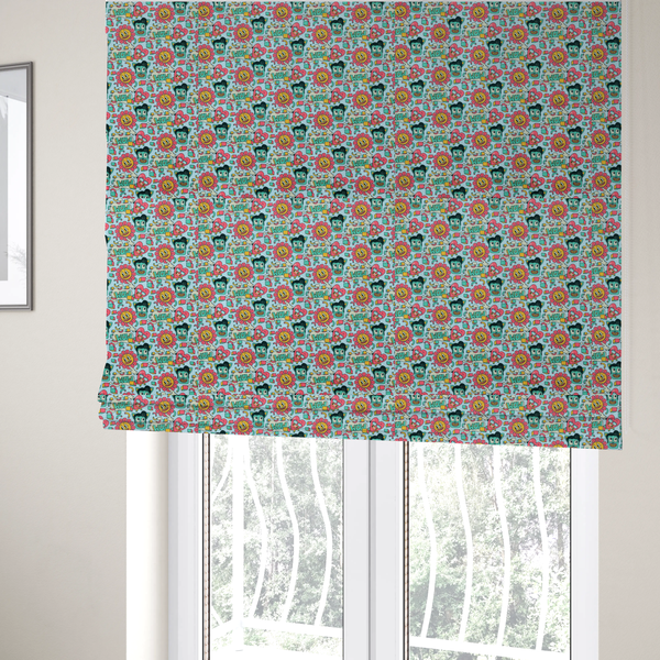 The fabric used to create these Roman blinds is a seamless light blue fabric pattern featuring a busy retro cartoon collage with smiling flowers, heart characters, pompadour men, and "WOW" comic speech bubbles.