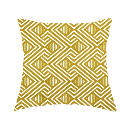 The fabric used to create this handmade cushion is a dynamic geometric pattern with a repeating labyrinth or fretwork motif. The fabric showcases a sophisticated mustard yellow and white colour palette, with crisp white interlocking lines creating diagonal chains and diamond shapes against a warm, golden-yellow background.
