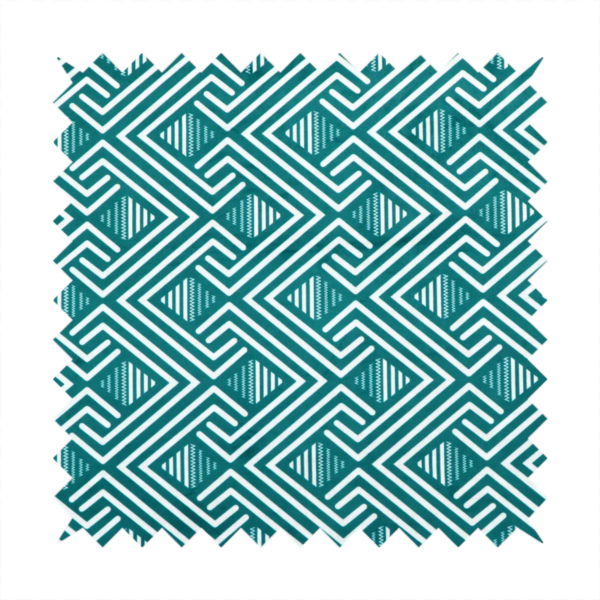 A striking geometric pattern featuring an interlocking labyrinth or fretwork motif. The fabric is set in a refreshing teal and white colour palette, with crisp white lines weaving together to form diagonal chains and diamond shapes against a rich, deep sea-green background.