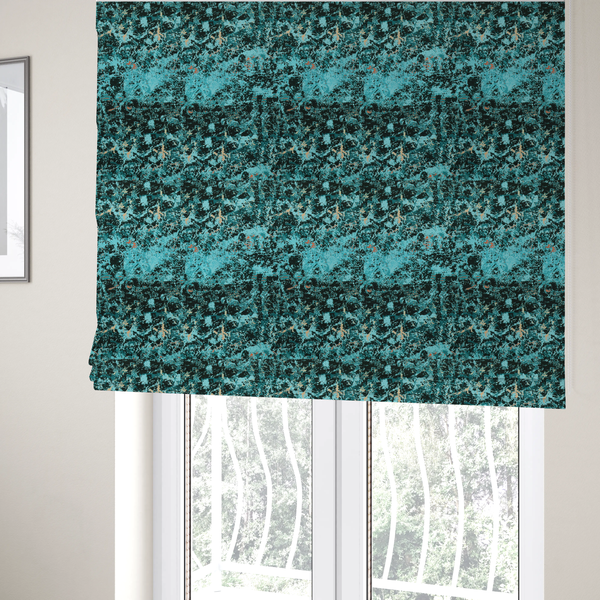 The fabric used to create these Roman blinds is a durable upholstery fabric featuring a cold-toned, distressed abstract pattern. This design utilizes a heavy "crackle" or marbleized aesthetic to create a rugged, textured look.