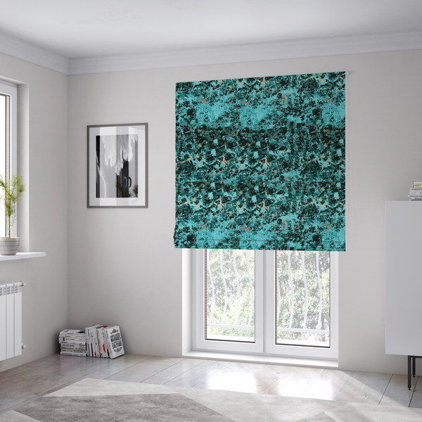 The fabric used to create these Roman blinds is a durable upholstery fabric featuring a cold-toned, distressed abstract pattern. This design utilizes a heavy "crackle" or marbleized aesthetic to create a rugged, textured look.