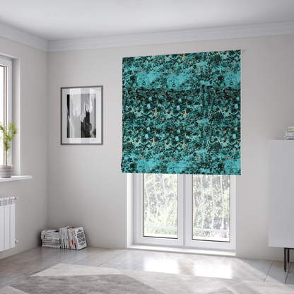 The fabric used to create these Roman blinds is a durable upholstery fabric featuring a cold-toned, distressed abstract pattern. This design utilizes a heavy "crackle" or marbleized aesthetic to create a rugged, textured look.