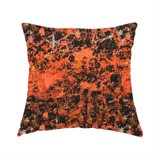 The fabric used to create this handmade cushion is a durable upholstery fabric featuring a high-energy, distressed abstract pattern.