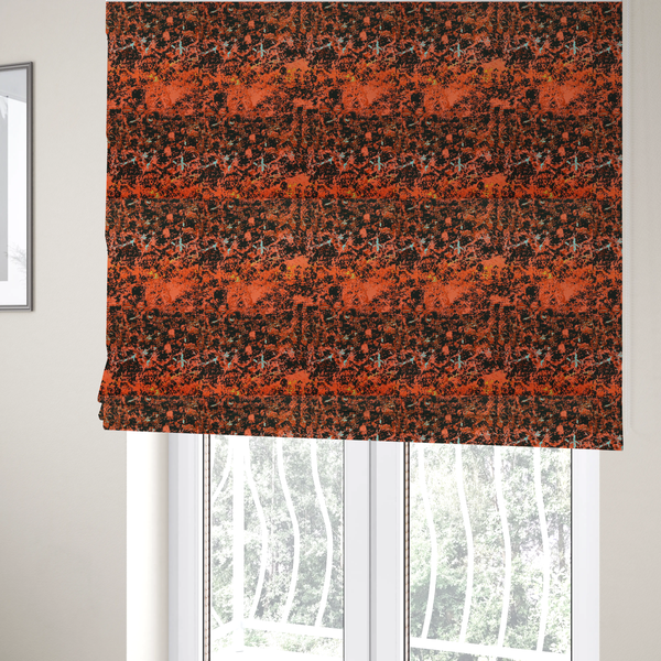 The fabric used to create these Roman blinds is a durable upholstery fabric featuring a high-energy, distressed abstract pattern.
