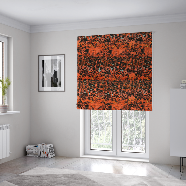 The fabric used to create these Roman blinds is a durable upholstery fabric featuring a high-energy, distressed abstract pattern.