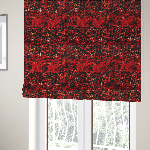The fabric used to create these Roman blinds is a durable upholstery fabric featuring a striking, high-contrast distressed abstract pattern. This colourway is the most intense in the collection, offering a bold and dramatic aesthetic.