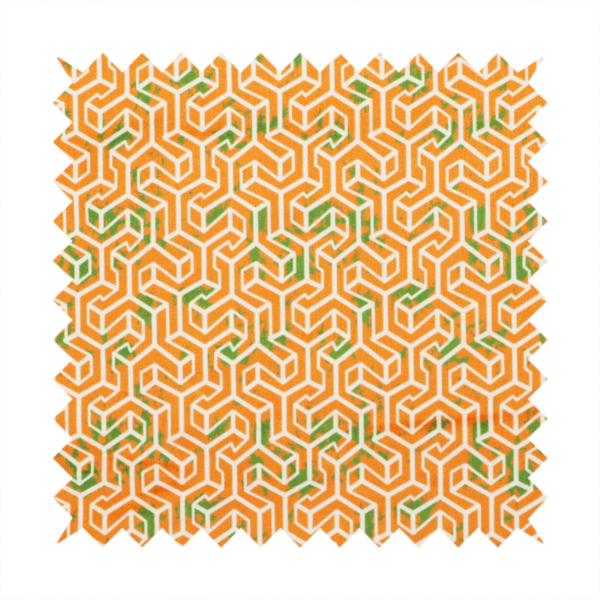 An orange and white textile fabric featuring a smaller, densely repeating interlocking geometric pattern. The design consists of fine white outlines forming complex, three-dimensional isometric block structures on an orange background. Scattered green, moss-like textured speckles are integrated throughout, creating an organic, weathered look against the sharp geometry.