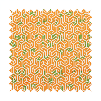 An orange and white textile fabric featuring a smaller, densely repeating interlocking geometric pattern. The design consists of fine white outlines forming complex, three-dimensional isometric block structures on an orange background. Scattered green, moss-like textured speckles are integrated throughout, creating an organic, weathered look against the sharp geometry.