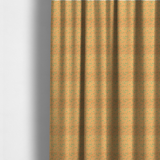 The fabric used to create these made-to-measure curtains is an orange and white textile fabric featuring a smaller, densely repeating interlocking geometric pattern. The design consists of fine white outlines forming complex, three-dimensional isometric block structures on an orange background. Scattered green, moss-like textured speckles are integrated throughout, creating an organic, weathered look against the sharp geometry.