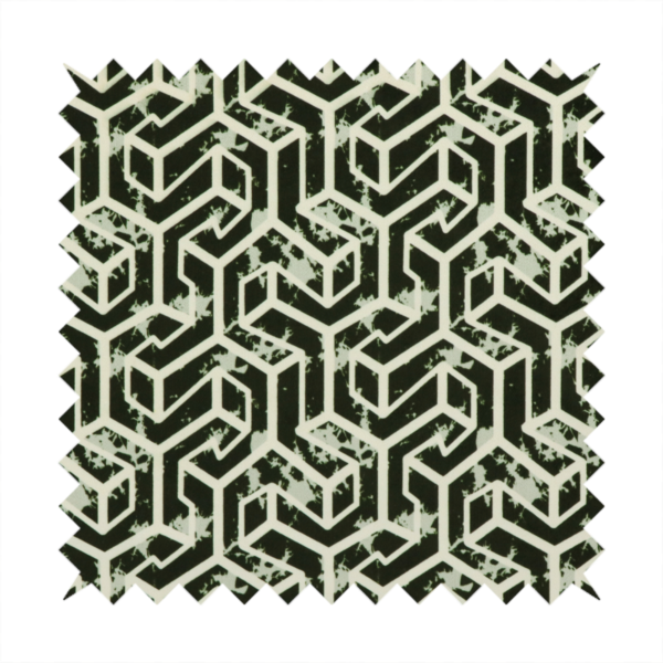 A black and off-white textile fabric featuring a repeating, interlocking geometric pattern. The design consists of off-white outlines that form three-dimensional, isometric maze-like structures against a solid black background. Distressed, pale green speckled textures are subtly integrated into the background spaces, giving the sharp, structured design a weathered, organic touch.