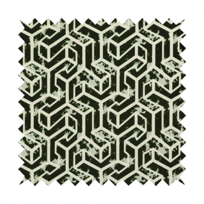 A black and off-white textile fabric featuring a repeating, interlocking geometric pattern. The design consists of off-white outlines that form three-dimensional, isometric maze-like structures against a solid black background. Distressed, pale green speckled textures are subtly integrated into the background spaces, giving the sharp, structured design a weathered, organic touch.