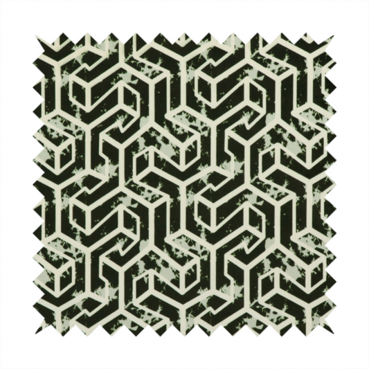 A black and off-white textile fabric featuring a repeating, interlocking geometric pattern. The design consists of off-white outlines that form three-dimensional, isometric maze-like structures against a solid black background. Distressed, pale green speckled textures are subtly integrated into the background spaces, giving the sharp, structured design a weathered, organic touch.