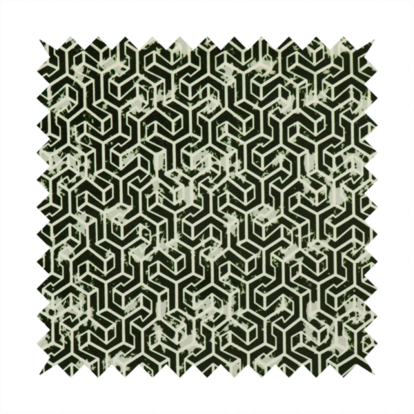 A black and off-white textile fabric featuring a small-scale, densely repeating interlocking geometric pattern. Fine off-white outlines construct complex, three-dimensional isometric block formations against a solid black background. Pale green, distressed textured speckles are integrated throughout, creating a weathered, organic contrast to the sharp geometric structure.