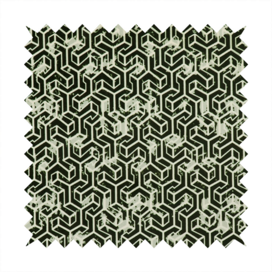 A black and off-white textile fabric featuring a small-scale, densely repeating interlocking geometric pattern. Fine off-white outlines construct complex, three-dimensional isometric block formations against a solid black background. Pale green, distressed textured speckles are integrated throughout, creating a weathered, organic contrast to the sharp geometric structure.
