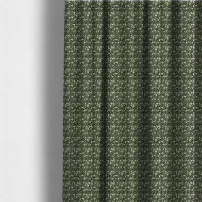 The fabric used to create these made-to-measure curtains is a black and off-white textile fabric featuring a small-scale, densely repeating interlocking geometric pattern. Fine off-white outlines construct complex, three-dimensional isometric block formations against a solid black background. Pale green, distressed textured speckles are integrated throughout, creating a weathered, organic contrast to the sharp geometric structure.
