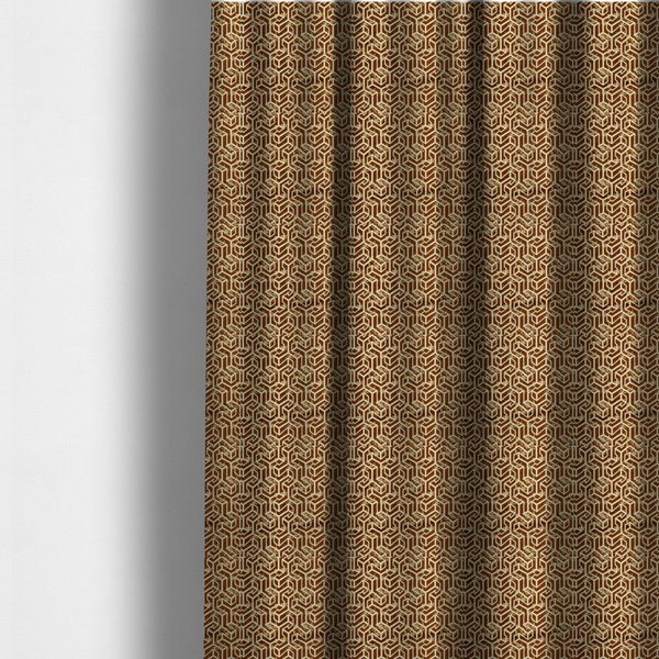 The fabric used to create these made-to-measure curtains is a brown and cream textile fabric featuring a repeating, interlocking geometric pattern. The design consists of cream-colored outlines forming three-dimensional, isometric maze-like structures against a warm, dark brown background. Lightly distressed, tan-speckled textures are subtly scattered throughout the brown spaces, adding a weathered, organic feel to the structured, geometric design.