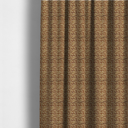 The fabric used to create these made-to-measure curtains is a brown and cream textile fabric featuring a repeating, interlocking geometric pattern. The design consists of cream-colored outlines forming three-dimensional, isometric maze-like structures against a warm, dark brown background. Lightly distressed, tan-speckled textures are subtly scattered throughout the brown spaces, adding a weathered, organic feel to the structured, geometric design.