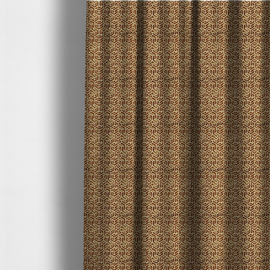 The fabric used to create these made-to-measure curtains is a brown and cream textile fabric featuring a repeating, interlocking geometric pattern. The design consists of cream-colored outlines forming three-dimensional, isometric maze-like structures against a warm, dark brown background. Lightly distressed, tan-speckled textures are subtly scattered throughout the brown spaces, adding a weathered, organic feel to the structured, geometric design.