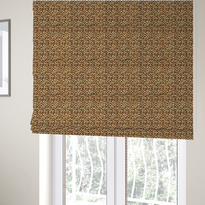 The fabric used to create these Roman blinds is a brown and cream textile fabric featuring a repeating, interlocking geometric pattern. The design consists of cream-colored outlines forming three-dimensional, isometric maze-like structures against a warm, dark brown background. Lightly distressed, tan-speckled textures are subtly scattered throughout the brown spaces, adding a weathered, organic feel to the structured, geometric design.