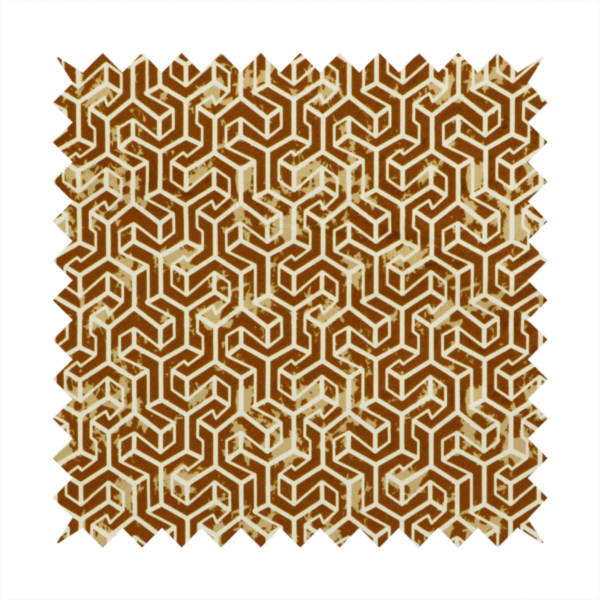 A brown and cream textile fabric featuring a small-scale, densely repeating interlocking geometric pattern. Fine cream-coloured outlines construct complex, three-dimensional isometric block formations against a warm, dark brown background. Lightly distressed, tan-speckled textures are integrated throughout, creating a weathered, organic contrast to the sharp geometric structure.