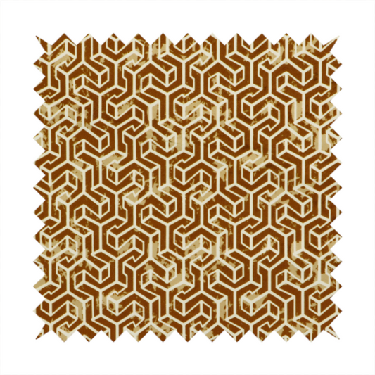 A brown and cream textile fabric featuring a small-scale, densely repeating interlocking geometric pattern. Fine cream-coloured outlines construct complex, three-dimensional isometric block formations against a warm, dark brown background. Lightly distressed, tan-speckled textures are integrated throughout, creating a weathered, organic contrast to the sharp geometric structure.