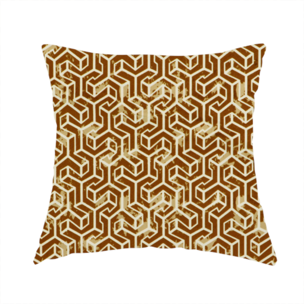 The fabric used to create this handmade cushion is a brown and cream textile fabric featuring a small-scale, densely repeating interlocking geometric pattern. Fine cream-coloured outlines construct complex, three-dimensional isometric block formations against a warm, dark brown background. Lightly distressed, tan-speckled textures are integrated throughout, creating a weathered, organic contrast to the sharp geometric structure.