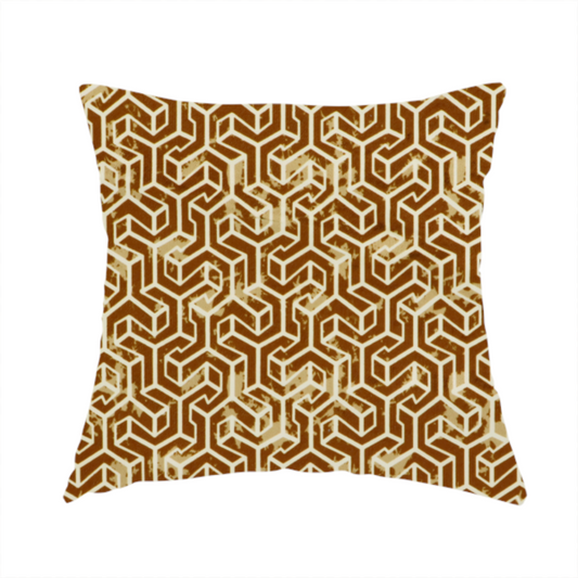The fabric used to create this handmade cushion is a brown and cream textile fabric featuring a small-scale, densely repeating interlocking geometric pattern. Fine cream-coloured outlines construct complex, three-dimensional isometric block formations against a warm, dark brown background. Lightly distressed, tan-speckled textures are integrated throughout, creating a weathered, organic contrast to the sharp geometric structure.