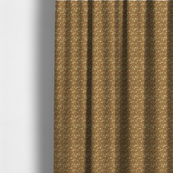 The fabric used to create these made-to-measure curtains is a brown and cream textile fabric featuring a small-scale, densely repeating interlocking geometric pattern. Fine cream-coloured outlines construct complex, three-dimensional isometric block formations against a warm, dark brown background. Lightly distressed, tan-speckled textures are integrated throughout, creating a weathered, organic contrast to the sharp geometric structure.