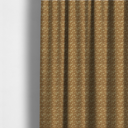 The fabric used to create these made-to-measure curtains is a brown and cream textile fabric featuring a small-scale, densely repeating interlocking geometric pattern. Fine cream-coloured outlines construct complex, three-dimensional isometric block formations against a warm, dark brown background. Lightly distressed, tan-speckled textures are integrated throughout, creating a weathered, organic contrast to the sharp geometric structure.