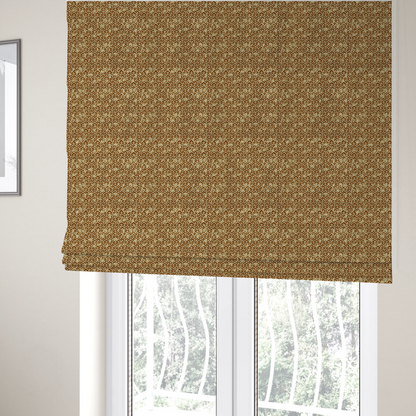 The fabric used to create these Roman blinds is a brown and cream textile fabric featuring a small-scale, densely repeating interlocking geometric pattern. Fine cream-coloured outlines construct complex, three-dimensional isometric block formations against a warm, dark brown background. Lightly distressed, tan-speckled textures are integrated throughout, creating a weathered, organic contrast to the sharp geometric structure.