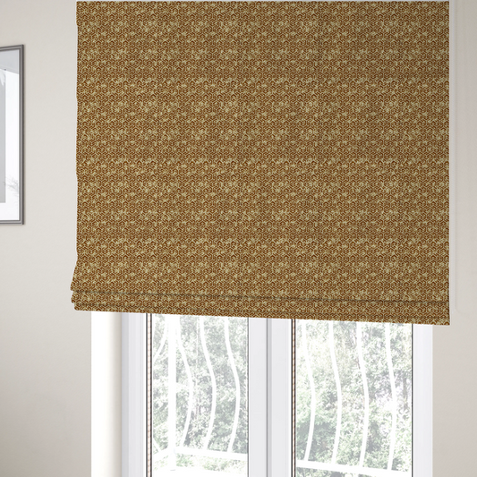 The fabric used to create these Roman blinds is a brown and cream textile fabric featuring a small-scale, densely repeating interlocking geometric pattern. Fine cream-coloured outlines construct complex, three-dimensional isometric block formations against a warm, dark brown background. Lightly distressed, tan-speckled textures are integrated throughout, creating a weathered, organic contrast to the sharp geometric structure.