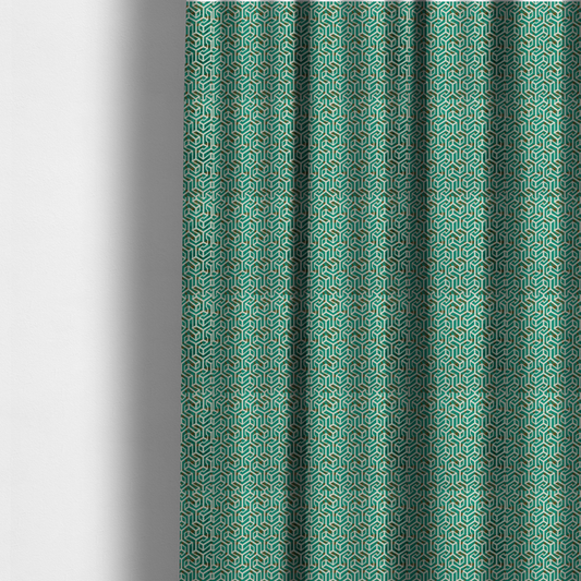 The fabric used to create these made-to-measure curtains is a teal and off-white textile fabric featuring a repeating, interlocking geometric pattern. The design consists of off-white outlines forming three-dimensional, isometric maze-like structures against a deep teal background. Distressed, brown speckled textures are subtly scattered throughout the teal spaces, giving the structured, geometric layout a weathered, organic touch.
