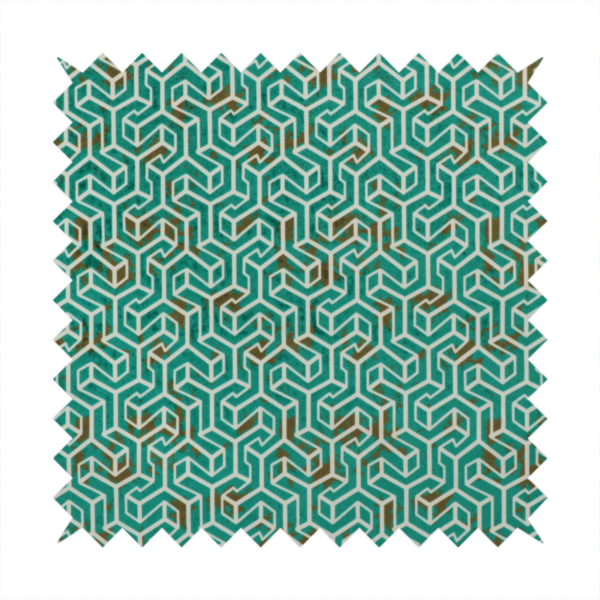 A teal and off-white textile fabric featuring a small-scale, densely repeating interlocking geometric pattern. Fine off-white outlines construct complex, three-dimensional isometric block formations against a deep teal background. Distressed, brown-speckled textures are integrated throughout, creating a weathered, organic contrast to the sharp geometric structure.