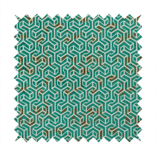 A teal and off-white textile fabric featuring a small-scale, densely repeating interlocking geometric pattern. Fine off-white outlines construct complex, three-dimensional isometric block formations against a deep teal background. Distressed, brown-speckled textures are integrated throughout, creating a weathered, organic contrast to the sharp geometric structure.