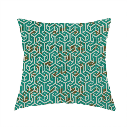 The fabric used to create this handmade cushion is a teal and off-white textile fabric featuring a small-scale, densely repeating interlocking geometric pattern. Fine off-white outlines construct complex, three-dimensional isometric block formations against a deep teal background. Distressed, brown-speckled textures are integrated throughout, creating a weathered, organic contrast to the sharp geometric structure.