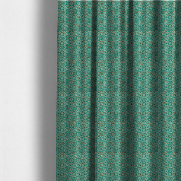 The fabric used to create these made-to-measure curtains is a teal and off-white textile fabric featuring a small-scale, densely repeating interlocking geometric pattern. Fine off-white outlines construct complex, three-dimensional isometric block formations against a deep teal background. Distressed, brown-speckled textures are integrated throughout, creating a weathered, organic contrast to the sharp geometric structure.